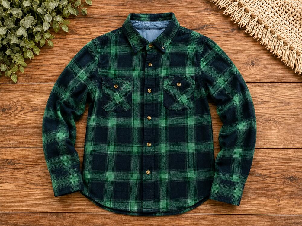 Arizona Boys Medium Green & Navy Plaid Flannel Button-Up Shirt Long Sleeve 10/12